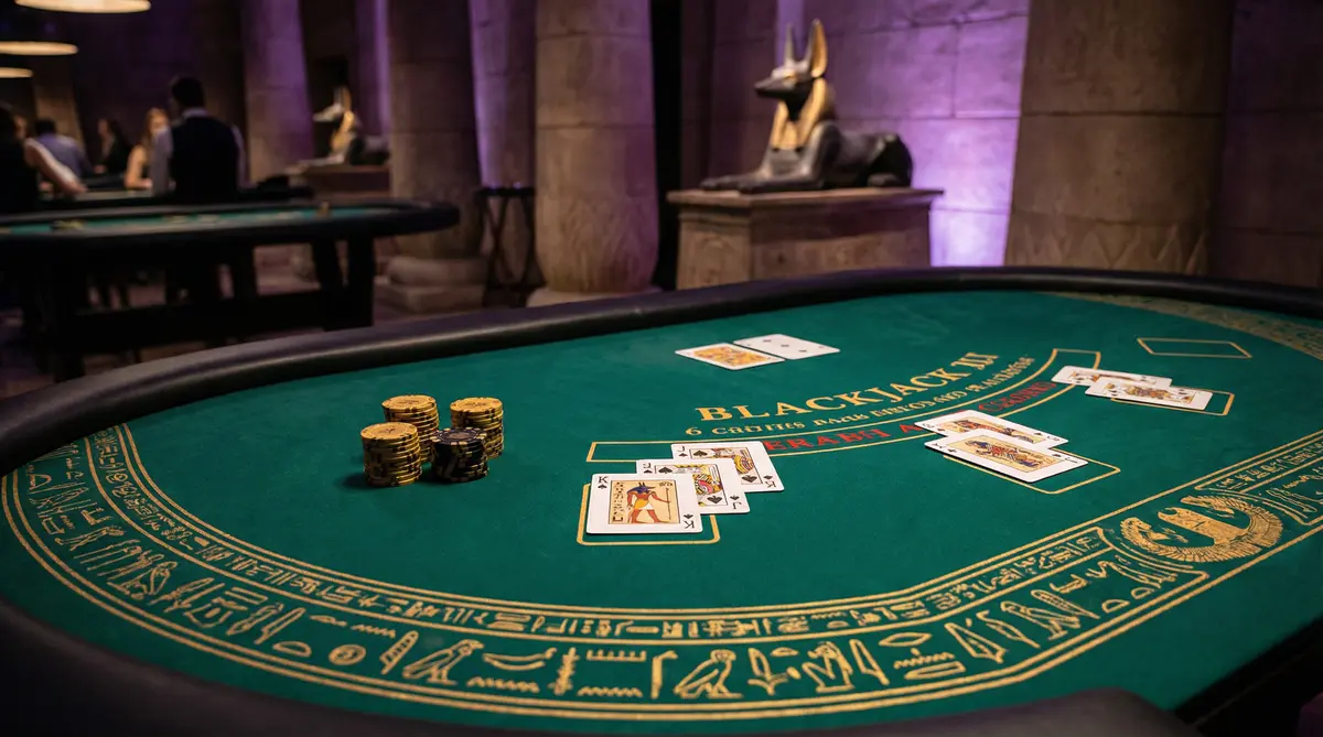 Mesa de blackjack com decoração egípcia no luvabet